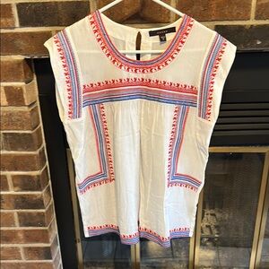 EUC White Embroidered Top with Red and Blue Accents